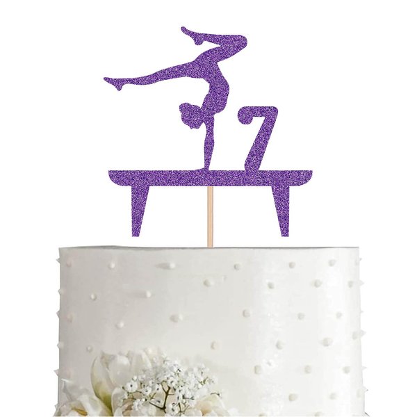 Purple Gymnastic 7 Cake Topper, Girl Rose Gold Glitter Gymnast 7th Birthday Party Decoration