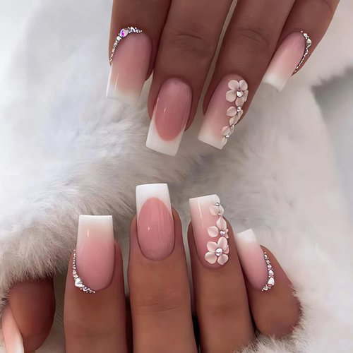 SINSEN Pink Square Fake Nails French Tip Press on Nails Medium Length, 24Pcs White Flower Glue on Nails With Rhinestones Glossy Medium Square Acrylic Nails