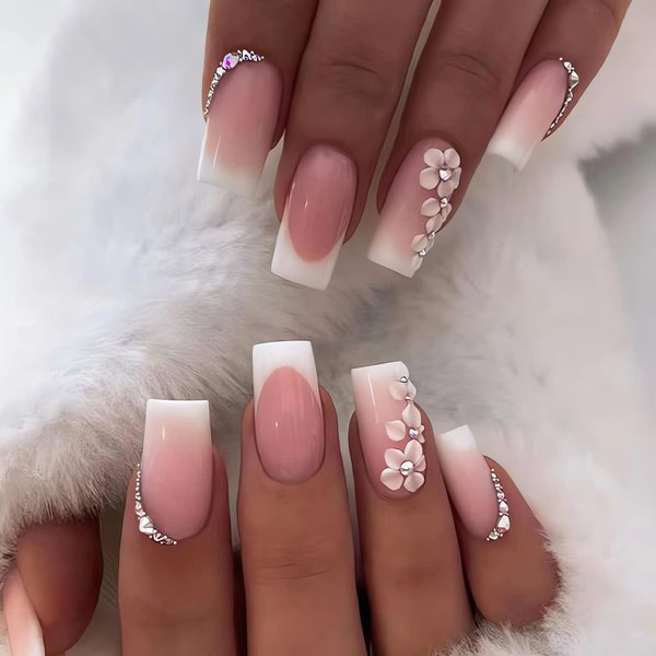 SINSEN Pink Square Fake Nails French Tip Press on Nails Medium Length, 24Pcs White Flower Glue on Nails With Rhinestones Glossy Medium Square Acrylic Nails