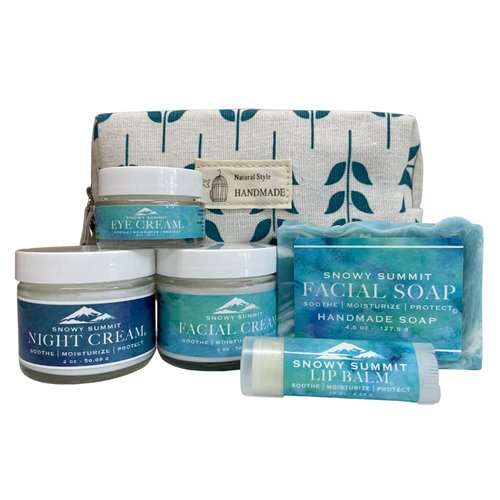 Snowy Summit Facial Gift Set - Face Care Set with Facial Cream, Eye Cream, Night Cream, Facial Soap, Lip Balm in Premium Cosmetic Bag - Gentle, Natural, Handcrafted Skin Care Set for All Skin Types