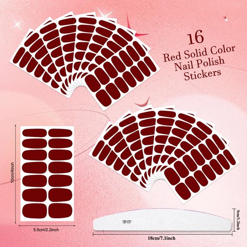 XEAOHESY 16 Sheets 224 Pieces Crimson Solid Color Nail Polish Stickers, Self-Adhesive Nail Polish Strips, Red Nail Wraps, 4 x 2.2inch