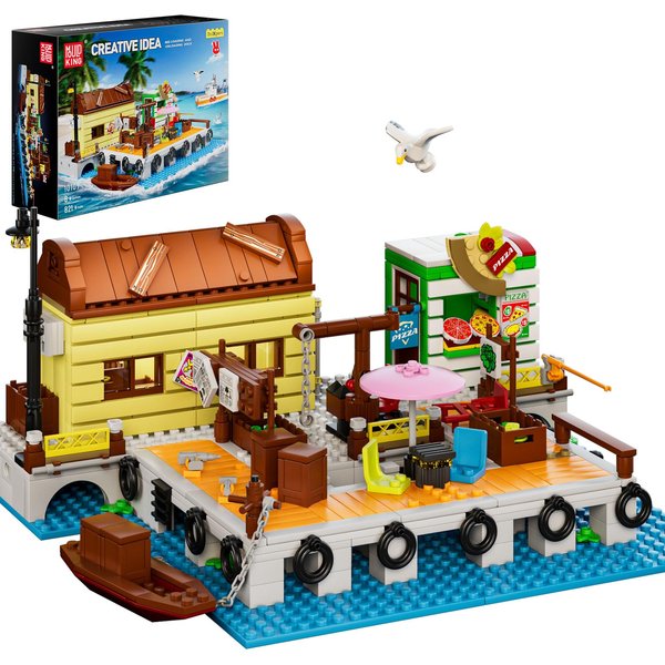 Mould King Fishing Boat Dock Building Sets for Adults Medieval Fishing Tavern Construction Toys Collectible Display Model Kits Multi-Storey Wood Frame House Office Room Decor Gifts for 8+ Kids