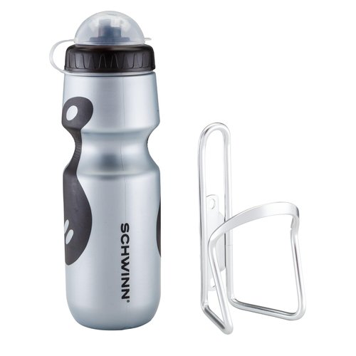 Schwinn Sport Water Bottle and Bottle Holder Combo, Holds 23 Oz or 680 ml, BPA-Free Squeeze Sport Bottle, Easy to Attach Alloy Cage to Most Bicycle, Silver/Black