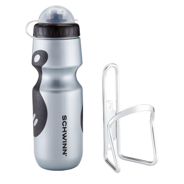 Schwinn Sport Water Bottle and Bottle Holder Combo, Holds 23 Oz or 680 ml, BPA-Free Squeeze Sport Bottle, Easy to Attach Alloy Cage to Most Bicycle, Silver/Black