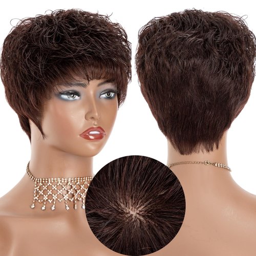 Lovenea Human Hair Short Wigs for Black Women Pixie Cut Wig Short Human Hair Wigs for Black Women Wavy Hairstyles Layered Wavy Short Wig Pixie With Bangs (Wavy-Dark Brown)