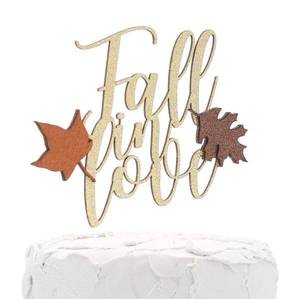 NANASUKO Cake Topper - Fall in love - Double Sided gold glitter with fall colors leaves - Premium quality Made in USA