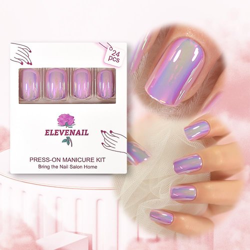 Elevenail 24pcs Magic Color Chameleon Pink Purple Glossy Press on False Nails Medium Short Squoval Reusable Fake Nails Full Cover Salon Wearable Fingernails Tips For Daily Party Women Girls Nail Art