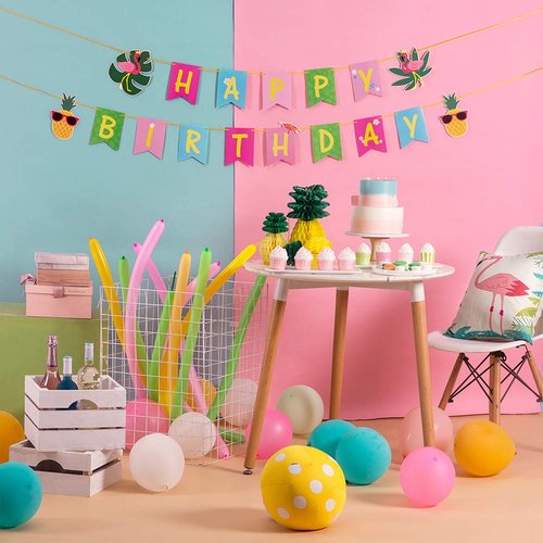 SUNBEAUTY Tropical Happy Birthday Banner Colorful Hawaiian Luau Birthday Banner Flamingo Pineapple Palm Leaf Banner for Summer Birthday Party Decorations Supplies | Pre-Strung