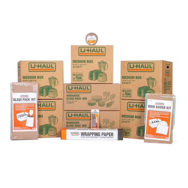 U-Haul Kitchen Moving Kit – Includes 1 Dish Packing Kit, 1 Glass Packing Kit, 5 Medium Boxes, Packing Paper, Cushion Foam, Tape, 2 Box Markers, and 1 Box Knife