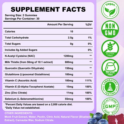 2 Pack NAC Gummies 1200mg, N Acetyl Cysteine Supplement for Adults and Kids, NAC Chewable Support Liver Health, Antioxidants & Immune System, Sugar-Free, Blueberry Flavor, 120 Count