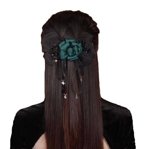 JKQBUX French Black ribbon Bow Barrette Rose Flower Hair Clips for Women Girls Hair Bowknot Clip Wedding Party Christmas 1PC Green