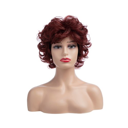 Beweig Short Wavy Wine Red Wigs for Women Fluffy Wavy Layered Wigs Synthetic Heat Resistant Halloween Cosplay Hair Wig with Wig Cap