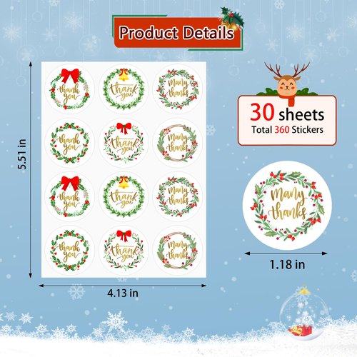 Lucleag 360PCS Christmas Wreaths Thank You Stickers for Envelopes, Round Christmas Thank You Stickers for Small Business Envelope Seals Card Candy Gift Present Wrapping Decorations