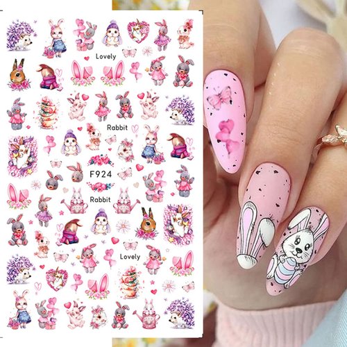 Cute Bunny Nail Stickers Easter Nail Art Sticker Decal Nail Art Supplies Rabbits Bunny Ear Carrot Lovely 3D Self-Adhesive Nail Design for Women Kids Nail Art Decoration Manicure Tip