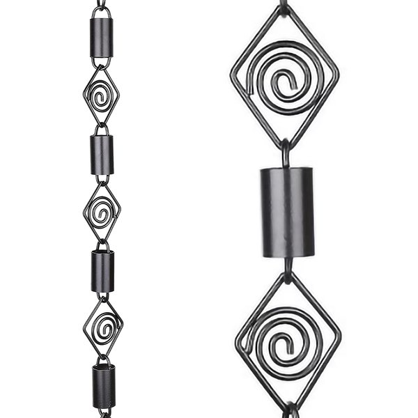 Rain Chains Pacific- Diamond Spiral Link Rain Chain – 8.5 ft- Aluminum Black Powder-Coated – Top Notch Quality Rain Chains for Gutters