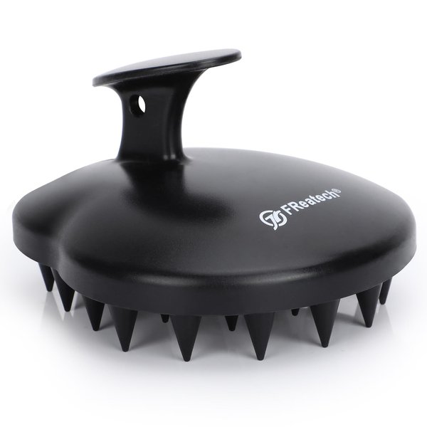 FREATECH 100% Silicone Hair Scalp Massager Shampoo Brush for Scalp Care and Hair Growth, Waterproof Shower Hair Scrubber Scalp Exfoliator for Dandruff and Buildup, Sturdy and Hygienic, Black