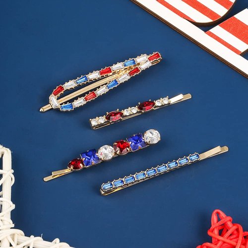 ZMNNOPPAB 4th of July Patriotic Hair Clips Rhinestone hair pin Water droplets, stars Crystal Red White and Blue USA Independence Day Hairpins Hair Accessories for Women Girl (Hairpin - Star)