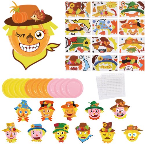KATOOM 12 Pack Scarecrow Craft for Kids Make You Own Paper Plate Art Kit for Boys Girls DIY Fall Craft Card Preschool Classroom Art Project for Fall Thanksgiving Party Decoration