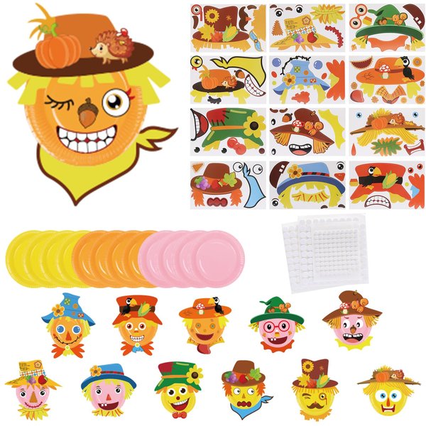 KATOOM 12 Pack Scarecrow Craft for Kids Make You Own Paper Plate Art Kit for Boys Girls DIY Fall Craft Card Preschool Classroom Art Project for Fall Thanksgiving Party Decoration