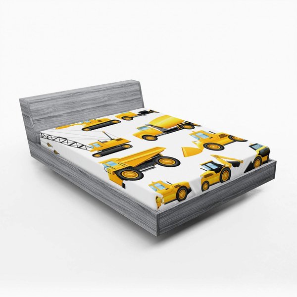 Ambesonne Cartoon Fitted Sheet, Abstract Images of Construction Vehicles Machinery Trucks Bulldozer Crane, Bed Cover with All-Round Elastic Deep Pocket for Comfort, Full Size, Earth Yellow Black