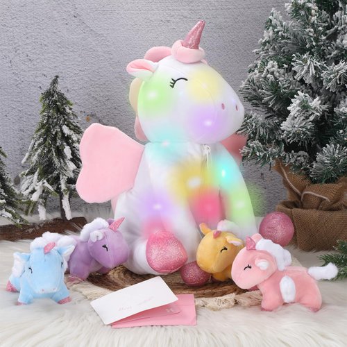 PullCrease 18" LED Plush Christmas Unicorn Gift Lighting Up Stuffed Mommy Unicorn with 4 Baby Unicorns in Her Tummy Stuffed Animal with Gift Card Colorful Unicorn Toys for Girl Kids Birthday Gift