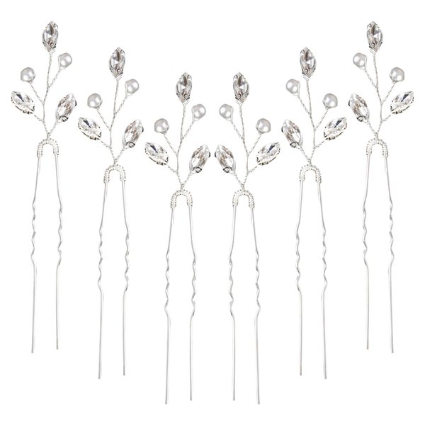 Generic 6PCS Rhinestone Hair Pins with Pearls and Crystals, Silver, for Women and Girls, Wedding, Bridal, Bridesmaids, u shaped hair pins crystal hair accessories, flower girl hair clip, Silver/white
