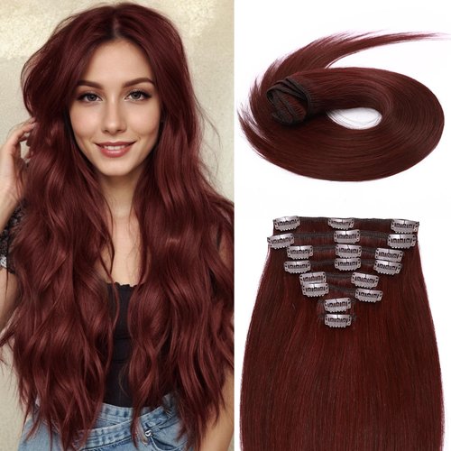 MY-LADY Clip In Hair Extensions Real Human Hair 20 Inch 8pcs Remy Real Hair Extension Clip ins #99J Burgundy Wine Red 105g Silky Straight Full Head Soft Natural Extension