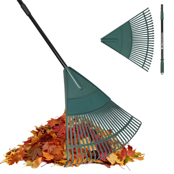 ORIENTOOLS Garden Leaf Rake, Garden Rake with Adjustable Extendable Steel Tube 43 to 66 Inches, Lightweight Yard Rake, with 26 Tines, Rakes for Leaves Lawns Yard Shrub (Black Handle)