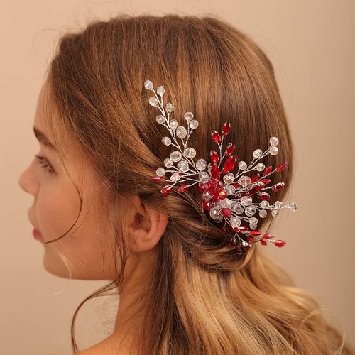 Jumwrit Bridal Hair Comb Red Rhinestone Crystal Wedding Hairpiece for Bride Bridesmaid Dainty Bridal Hair Accessories for Women Girls