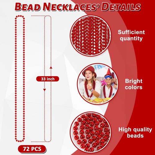 EOBOH 72PCS Bead Necklace, Red Christmas Bead Stuff Party Favors, 33" Necklaces Festival Parade Throw Accessories for Wedding Birthday Valentines Mardi Gras Christmas Celebrations Decorations