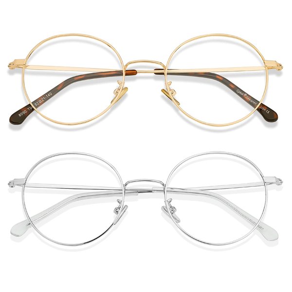 Cyxus Round Blue Light Glasses 2 Pack, Metal Frame Computer Gaming Eyeglasses for Relieve Eye Strain, Silver & Gold