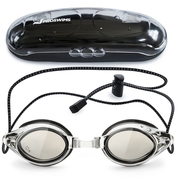 Proswims Anti-Fog Racing Swimming Goggles Gray Lens with Quick Adjustable Elastic Bungee Strap, Hard Case and Bonus Swim Goggles Microfiber Cleaning Cloth