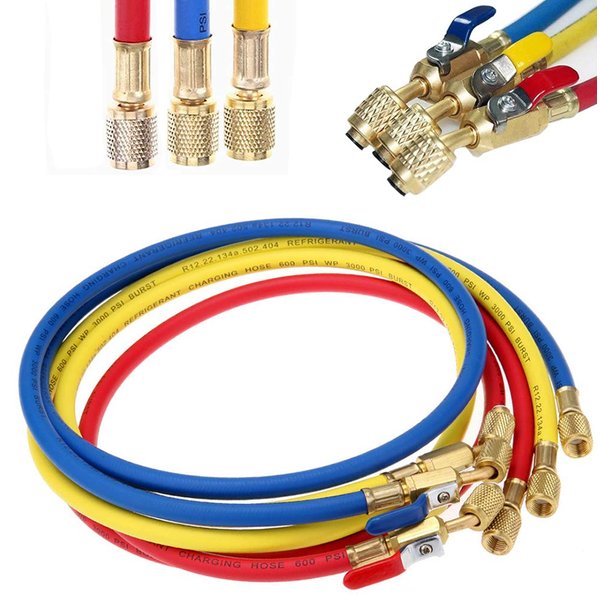 Refrigerant Charging Hose with Ball Valve Apply to R134A R12 R22 R502 R404 Refrigerant Air Conditioning Manifold Gauge 1/4" Thread Hose Set 60" Red/Yellow/Blue (Pack of 3)