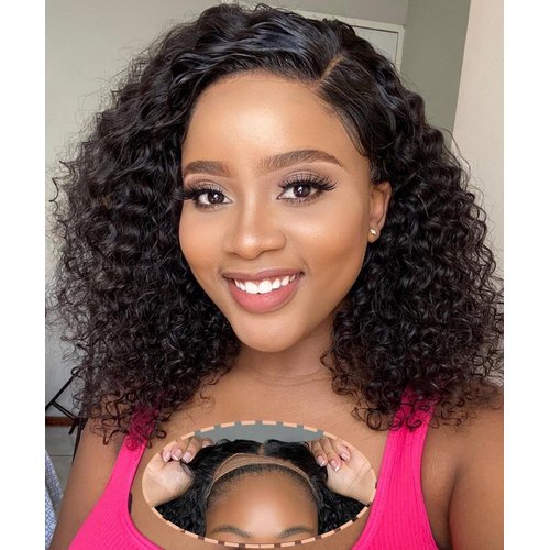 Wear and Go Glueless Wigs Human Hair Pre Plucked Pre Cut Curly Bob Wigs Human Hair Upgraded 4x4 No Glue Water Wave Lace Closure Wigs Human Hair for Women Natural Black 14 Inch