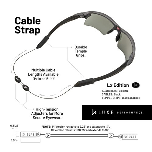 Luxe Performance Cable Strap Premium Adjustable No Tail Sunglass Strap and Eyewear Retainer for Your Sunglasses, Eyeglasses, or Prescription Glasses (Luxe Black 14")