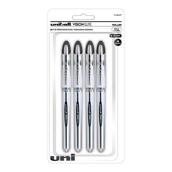 uni-ball Vision Elite Rollerball Pens, Bold Point (0.8mm), Black, 4 Count