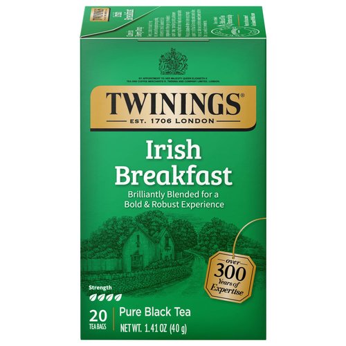 Twinings Irish Breakfast Tea, Robust and Flavourful Caffeinated Black Tea Bags Individually Wrapped, 20 Count
