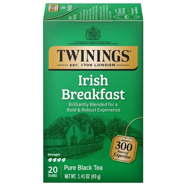 Twinings Irish Breakfast Tea, Robust and Flavourful Caffeinated Black Tea Bags Individually Wrapped, 20 Count