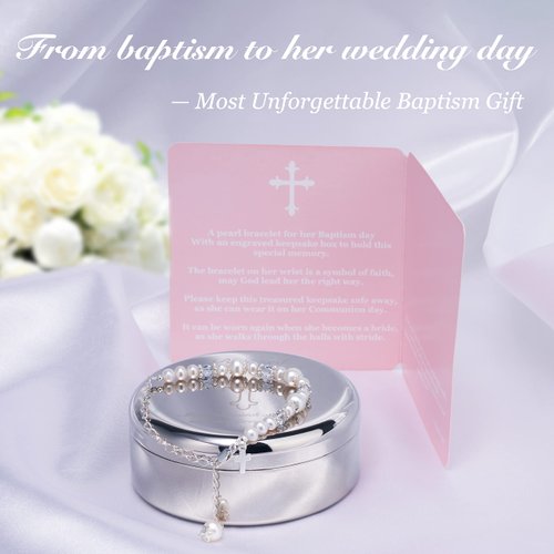 Tryuunion Baptism Bracelet in Sterling Silver and Cultured Pearls for Baby Girls, Comes with a Unique Silver-plated Jewelry Keepsake Box, Christening and Baptism Gifts For Girl,Includes 3 Charms