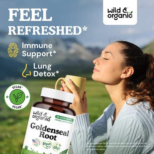 Wild & Organic Goldenseal Root Capsules 1000mg - Immune & Lung Support - 120 Goldenseal Powder Capsules - 2 Month Supply - Vegan, No Fillers, Non-GMO