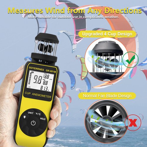 GOYERRNES Handheld Cup Anemometer with Compass, 93MPH Digital Wind Speed Meter, CFM Air Flow Wind Velocity Measuring Device Gauges for Outdoor Sailing Surfing Drone Flying HVAC