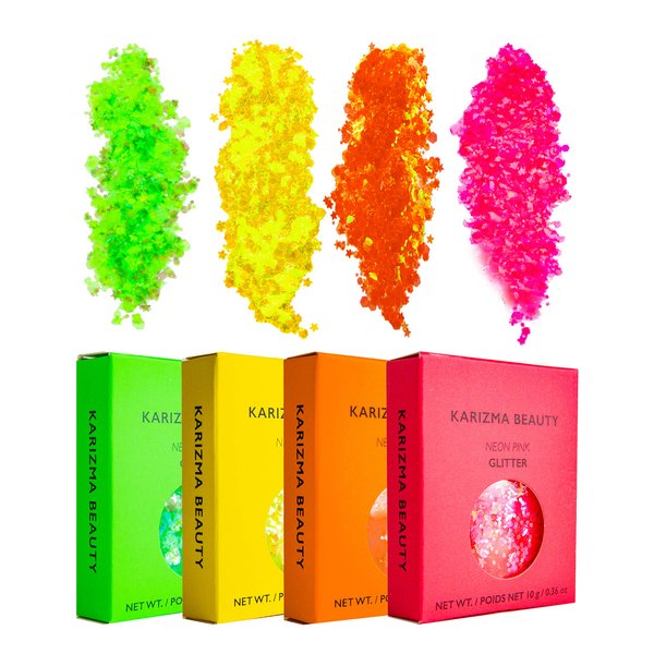 KARIZMA Neon Nights! 4X 10g Chunky Face Glitter, Hair Glitter, Eye Glitter and Body Glitter for Women and Men. Rave Glitter, Festival Accessories and Cosmetic Glitter Makeup. Loose Glitter Pots