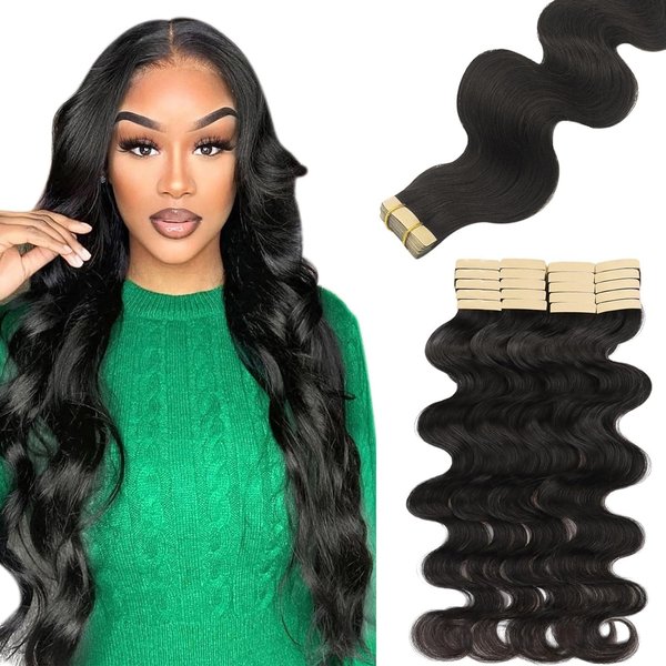 Lashey Tape in Hair Extensions Human Hair 20pcs 50g/pack Body Wave Hair Extensions Tape in Hair Extensions 14 Inch Natural Black Invisible Hair Extensions for Women