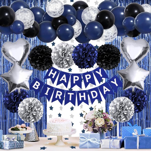ZERODECO Birthday Party Decorations for Men, Black Navy Blue Silver Happy Birthday Banner Pompoms Balloon Arch Fringe Curtain Party Décor for Men Boys Women Girls Birthday Party Decorations Kit