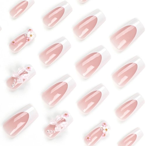 Hkanlre Press on Nails Medium Cute Fake Flower Nails Tips Full Cover Bow False Square French Nails for Women and Girls 24PCS