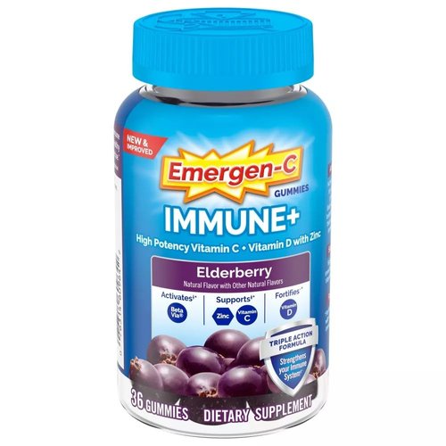 Emergen-C Immune+ Elderberry Gummies, 750 mg Vitamin C with Vitamin D, Zinc and Electrolytes, Immune Support Dietary Supplement, Caffeine Free, Gluten Free, Elderberry Flavor - 36 Count
