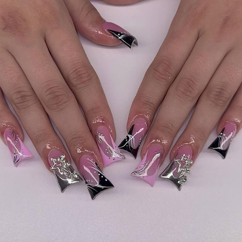 RIICFDD 24 Pcs French Tip Press on Nails Medium Fake Nails Black Duck Nails Tips with Charms Rhinestone Designs Pink Full Cover Glossy False Nails Stick on Nails for Women