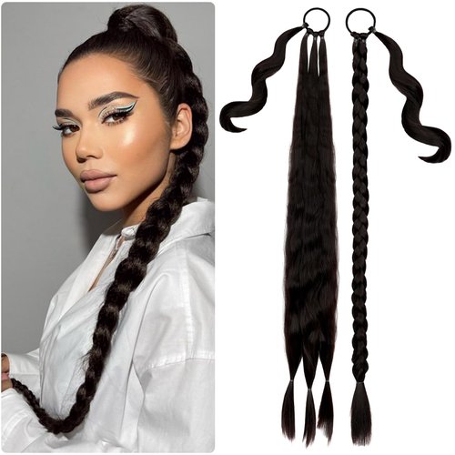 Fanguilar 30 Inch Long Braided Ponytail Extension with Hair Tie Dark Brown Straight Wrap Around for Women Synthetic High Temperature Fluffy Natural Soft Hair Piece for Daily Wear
