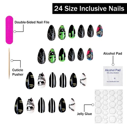 Halloween Press on Nails Medium Almond Fake Nails Full Cover Nightmare Before Christmas False Nails with Designs Halloween Acrylic Nails Glossy Glue on Nails Artificial Nails for Women Girls 24Pcs