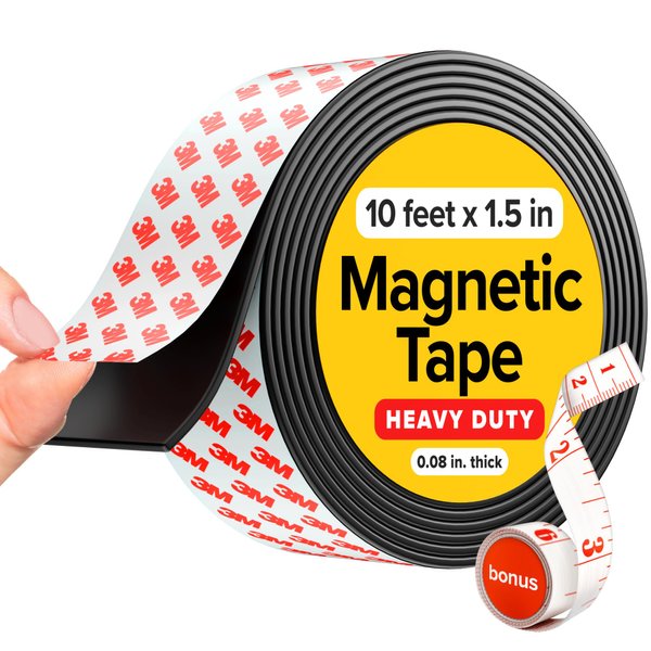 Super Sticky Magnetic Tape (10 feet x 1.5 inch) - Stong Magnet Strip with Adhesive Backing for DIY & Crafts - Easy to Cut and Mount on Fridges, Whiteboards & More